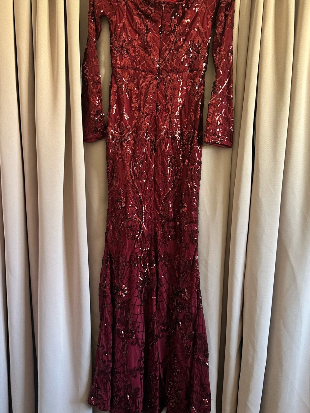 Fashion Nova Burgundy Long Sleeve Sequin Gown - Picture 2 of 3